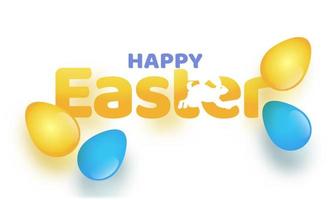 Lycklig påsk text med kanin löpning och glansig ägg på vit bakgrund. vektor