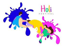 tecknad serie man och kvinna njuter och spelar med färger på de tillfälle av holi festival. vektor