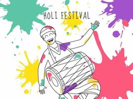 holi festival firande med lycka man spelar trumma på stänk Färg bakgrund. vektor