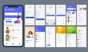 online Lernen Handy, Mobiltelefon App ui Kit mit anders gui Layout einschließlich Log In, erstellen Konto, Kurs Information Bildschirm. vektor