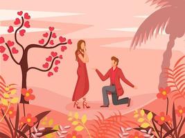 ung pojke förslags till hans flickvän med kärlek träd på skön natur se bakgrund. vektor