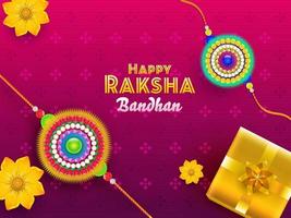 glücklich Raksha Bandhan Schriftart mit oben Aussicht von glänzend Geschenk Box und Blume rakhis auf Rosa Hintergrund. vektor