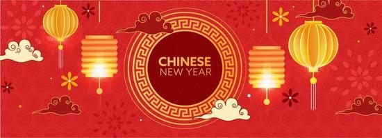 kinesisk ny år rubrik eller baner design med hängande lyktor, moln och blommor dekorerad röd bakgrund. vektor