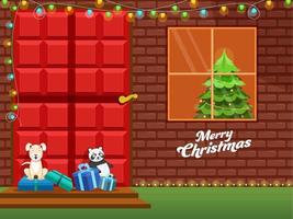 dekorativ Weihnachten Baum Innerhalb heim, Karikatur Hund, Polar- Bär und Geschenk Box auf Tür zum fröhlich Weihnachten Feier. vektor
