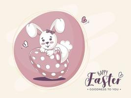 glücklich Ostern, Güte zu Sie Schriftart mit Karikatur Hase Klettern auf gemalt Ei. vektor