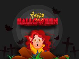 Lycklig halloween text med tecknad serie häxa karaktär, fladdermöss flygande och gravstenar på mörk grå bakgrund. vektor