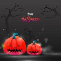 Lycklig halloween affisch design med jack-o-lanterns, bar träd och bokeh effekt på mörk grå bakgrund. vektor