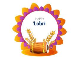 Lycklig lohri text på mandala ram med vete öron och dhol instrument illustration. vektor