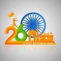 26 januari Lycklig republik dag text med silhuett man innehav flagga, ashoka hjul och Indien känd monument på grå bakgrund. vektor