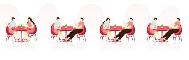 Karikatur jung Junge und Mädchen reden zusammen sitzen auf Restaurant oder Cafe. vektor