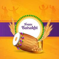 Illustration von Punjabi festiva Baisakhi oder Vaisakhi mit ein Trommel, Steinschmätzer, Süss und trinken auf Menschen Tanzen Silhouette auf Gelb und lila Hintergrund. vektor