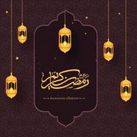 Arabisch Kalligraphie von Ramadan kareem Text mit golden Sterne, hängend beleuchtet Laternen und Beleuchtung bewirken auf braun Arabisch Muster Hintergrund. vektor