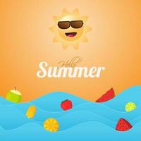 Hej sommar font med tecknad serie Lycklig Sol, frukter, kokos dryck och is grädde pinne på papper skära vågor och orange bakgrund. vektor