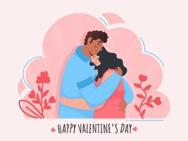 Illustration von jung Paar umarmen jeder andere mit Blume Pflanzen auf Rosa und Weiß Hintergrund zum glücklich Valentinstag Tag. vektor