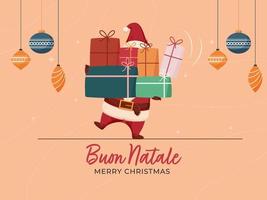 italiensk språk glad jul font med santa claus innehav många gåva låda och hängande grannlåt dekorerad på persika bakgrund. vektor