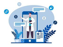 online Arzt Beratung im Smartphone mit Zwischenablage und Medikamente auf Blau und Weiß Hintergrund. vektor