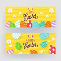 Lycklig påsk font med kanin öra, blommor och tryckt ägg dekorerad på gul remsa bakgrund i två alternativ. vektor