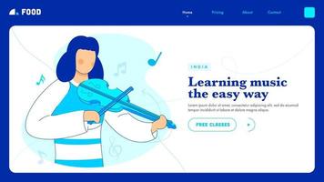 Lernen Musik- das einfach Weg Landung Seite Design mit Karikatur jung Mädchen spielen Gitarre auf Weiß Hintergrund. vektor