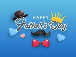 klistermärke stil Lycklig fars dag text med krona, fedora hatt, mustasch, rosett slips och glansig hjärtan på blå bakgrund. vektor