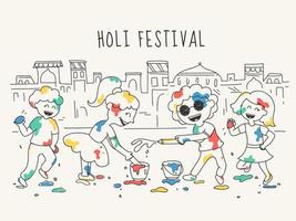 klotter stil illustration av Lycklig barn karaktär fira holi festival i främre av hus städer. vektor