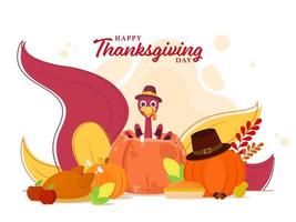glücklich das Erntedankfest Tag Poster Design mit Truthahn Vogel tragen Pilger Hut, Kürbisse, Huhn, Mais, Kuchen Kuchen, Früchte und Blätter auf Weiß Hintergrund. vektor