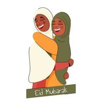 Glück islamisch Frauen umarmen jeder andere auf das Gelegenheit von eid Mubarak. vektor