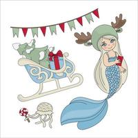 sjöjungfru kälke tecknad serie glad jul vektor illustration uppsättning