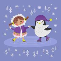 Eskimo Mädchen und Pinguin eben Design Vektor Illustration einstellen