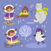 Eskimo Walross Winter Karikatur Tier Vektor Illustration einstellen