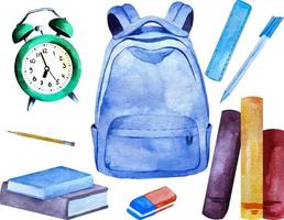 Aquarell Schule liefert mit Rucksack, Stift, Bleistift, Gummi, b vektor