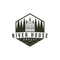 Hand gezeichnet Haus und Bäume Logo Design. Fluss Haus Chalet Emblem. Luxus echt Nachlass Logotyp. vektor