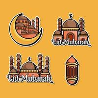 samling av klistermärken och logotyper för eid mubarak firande. moské bricka, lykta design vektor
