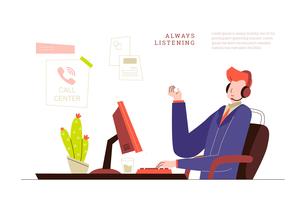 Kundendienst-Mann an der Call-Center-Büro-Vektor-Illustration