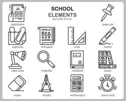 Schulsymbolsatz für Website, Dokument, Plakatgestaltung, Druck, Anwendung. Umrissstil der Schulkonzeptikone. vektor