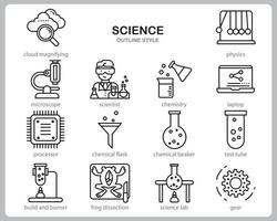 Wissenschaftssymbolsatz für Website, Dokument, Plakatgestaltung, Druck, Anwendung. Umrissstil der Wissenschaftskonzeptikone. vektor