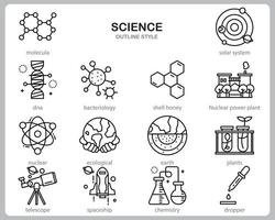 Wissenschaftssymbolsatz für Website, Dokument, Plakatgestaltung, Druck, Anwendung. Umrissstil der Wissenschaftskonzeptikone. vektor