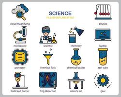 Wissenschaftssymbolsatz für Website, Dokument, Plakatgestaltung, Druck, Anwendung. Wissenschaftskonzeptikone füllte Umrissstil. vektor