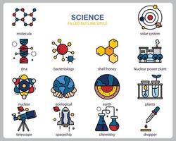 Wissenschaftssymbolsatz für Website, Dokument, Plakatgestaltung, Druck, Anwendung. Wissenschaftskonzeptikone füllte Umrissstil. vektor