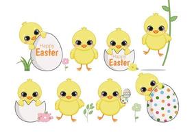 Lycklig påsk dag med uppsättning av söt kycklingar. rolig gul kyckling i knäckt ägg och ägg skal, tecknad serie tecken, vektor illustration, platt design