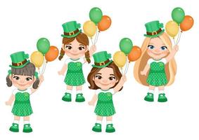 st. Patrick s Tag mit Mädchen im irisch Kostüme. Mädchen halten Ballon irisch Farbe Karikatur Charakter Design Vektor