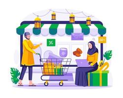 Muslim Menschen sind Einkaufen online durch Websites auf ein Riese Schreibtisch. ein Frau Sitzung mit ihr Laptop und ein Mann ist halten ein Wagen. Ramadan Verkauf und Einkaufen Konzept Illustration vektor