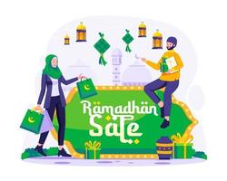 Muslim Menschen Einkaufen auf Ramadan Verkauf. Ramadan kareem und eid Mubarak E-Commerce, online Einkaufen Konzept Vektor Illustration
