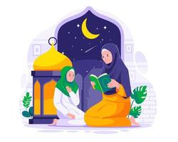 ein Muslim Mutter unterrichtet seine Tochter zu lesen Koran. Muslim Menschen lesen Koran im das heilig Monat von Ramadan. Muslim Familie lesen Koran auf Ramadan Konzept Illustration vektor