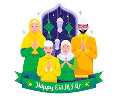 Lycklig muslim familj och hälsning och fira eid mubarak. muslim människor önskar och hälsa eid al-fitr illustration vektor
