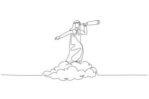 Karikatur von arabisch Geschäftsmann Reiten Wolke während mit Fernrohr. Metapher zum Geschäft Zukunft. kontinuierlich Linie Kunst Stil vektor
