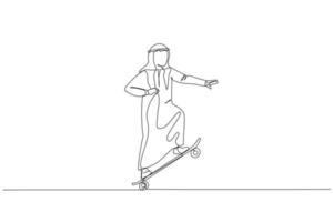 Zeichnung von arabisch Geschäftsmann Stand und ziehen um mit Skateboard. Metapher zum Geschäft Stil. kontinuierlich Linie Kunst Stil vektor