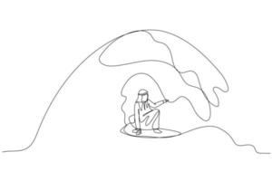Zeichnung von arabisch Geschäftsmann mit Surfbrett. Metapher zum ziehen um nach vorne mit Trend. Single Linie Kunst Stil vektor