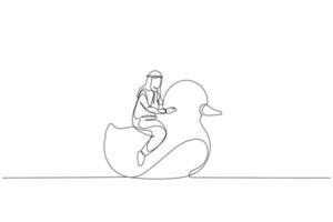 Zeichnung von arabisch Geschäftsmann Reiten Gummi Ente. Metapher zum Urlaub. Single kontinuierlich Linie Kunst Stil vektor