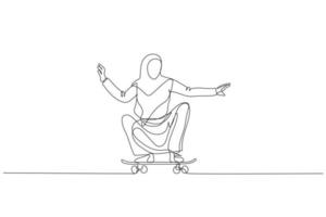 illustration av muslim kvinna ridning skateboard. liknelse för företag av vanliga. kontinuerlig linje konst stil vektor