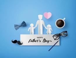 glückliche Vatertagsgrußkarte mit Schnurrbart, Krawatte und Gläsern im Papierschnittstil vektor
